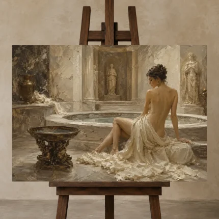 Roman Bath Reflection Classical Nude Wall Art Canvas Print displayed on a studio easel