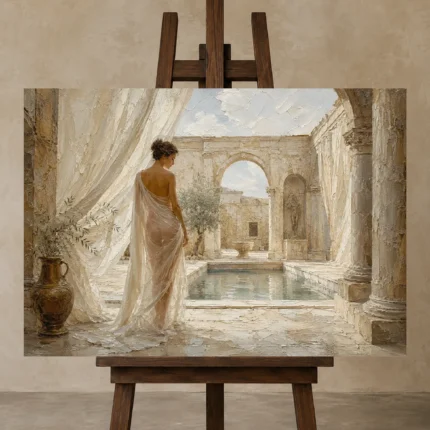 Open Air Roman Bath Classical Nude Wall Art Canvas Print displayed on a studio easel