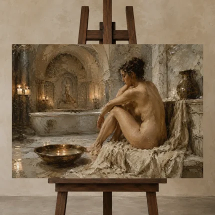Candlelit Bath Chamber Classical Nude Wall Art Canvas Print shown in Studio Easel
