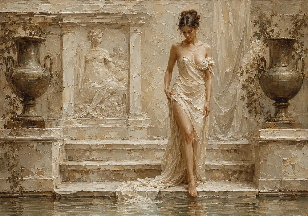 Descending Bath Muse Classical Nude Wall Art Canvas Print