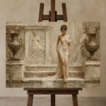 Descending Bath Muse Classical Nude Wall Art Canvas Print displayed on a studio easel