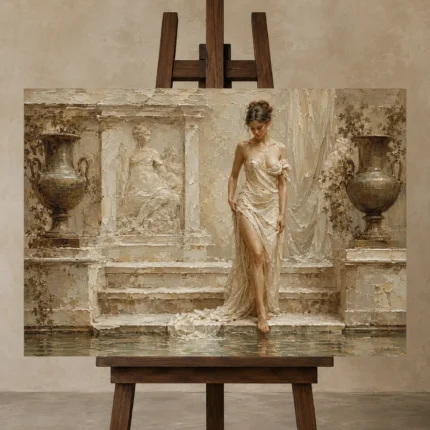 Descending Bath Muse Classical Nude Wall Art Canvas Print shown in Studio Easel