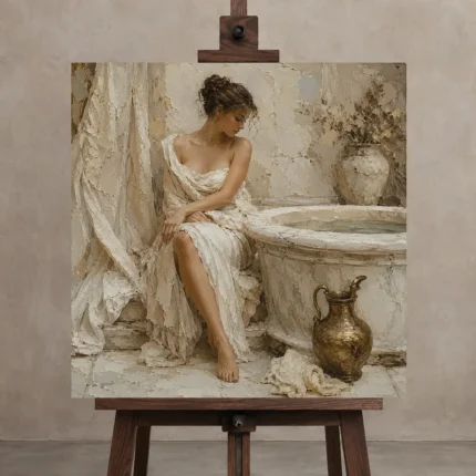 Bronze Ewer Bath Muse Classical Nude Wall Art Canvas Print shown in Studio Easel