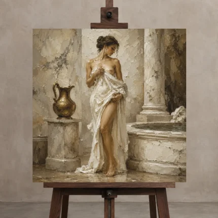 Bronze Pitcher Bath Muse Classical Nude Wall Art Canvas Print shown in Studio Easel