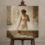 Steam Bath Muse Classical Nude Wall Art Canvas Print displayed on a studio easel
