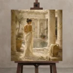 Sunlit Courtyard Bath Classical Nude Wall Art Canvas Print displayed on a studio easel