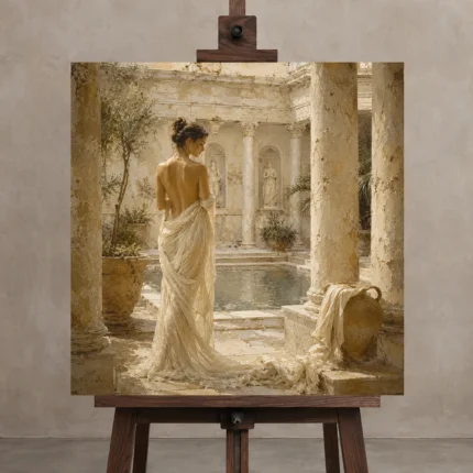 Sunlit Courtyard Bath Classical Nude Wall Art Canvas Print displayed on a studio easel