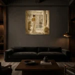 Sunlit Courtyard Bath Classical Nude Wall Art Canvas Print shown in a warm modern interior