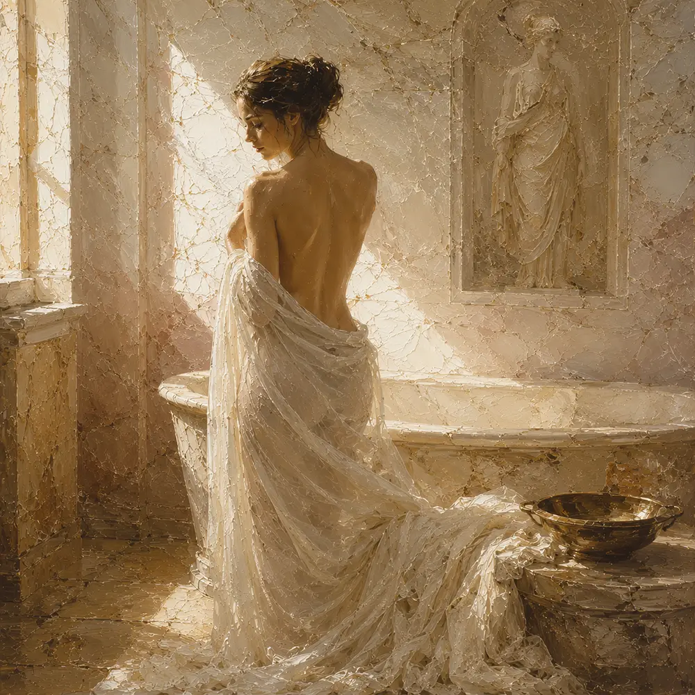 Golden Light Bath Muse Classical Nude Wall Art Canvas Print