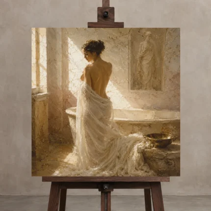 Golden Light Bath Muse Classical Nude Wall Art Canvas Print shown in Studio Easel