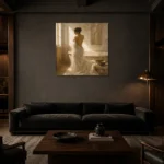 Golden Light Bath Muse Classical Nude Wall Art Canvas Print shown in a warm modern interior