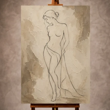 This Classical Nude Wall Art piece presents a graceful female figure through delicate black contour linework, softened by flowing drapery and a sculptural beige plaster-inspired background. The composition feels serene, feminine, and timeless, balancing classical figure study with modern minimalist restraint.Ideal for refined bedrooms, elegant dressing rooms, sophisticated hallways, or a curated gallery wall, this artwork brings a quiet museum-quality presence to interiors styled with ivory, taupe, stone, linen, and warm neutral palettes.Available as a Canvas Print, Acrylic Print, Metal Print, and Museum Matte Poster, this Classical Nude Wall Art is created for interiors that favor subtle texture, elevated simplicity, and gallery inspired design.