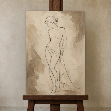 Minimal Line Nude Classical Nude Wall Art Canvas Print shown in Studio Easel