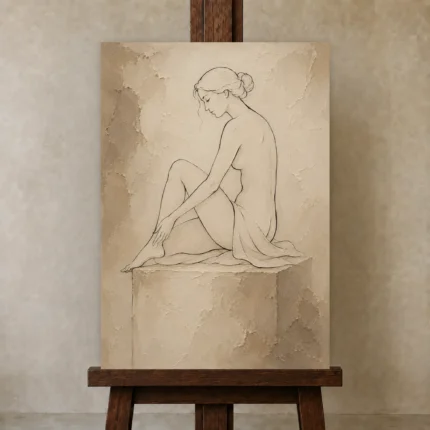 Seated Minimal Line Nude Classical Nude Wall Art Canvas Print shown in Studio Easel