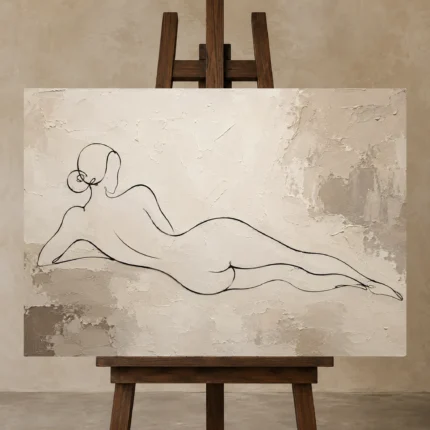 Reclining Line Figure Classical Nude Wall Art Canvas Print displayed on a studio easel