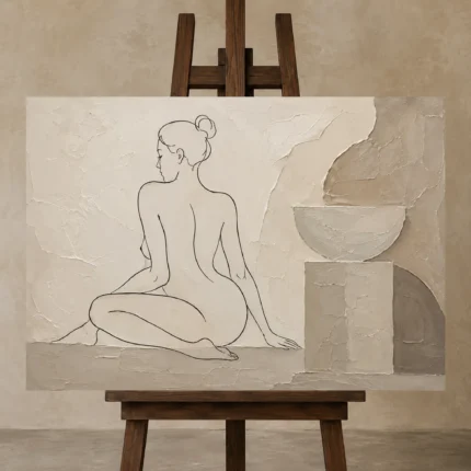 Seated Back Figure Classical Nude Wall Art Canvas Print displayed on a studio easel