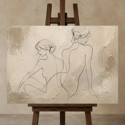 Twin Seated Figures Classical Nude Wall Art Canvas Print displayed on a studio easel