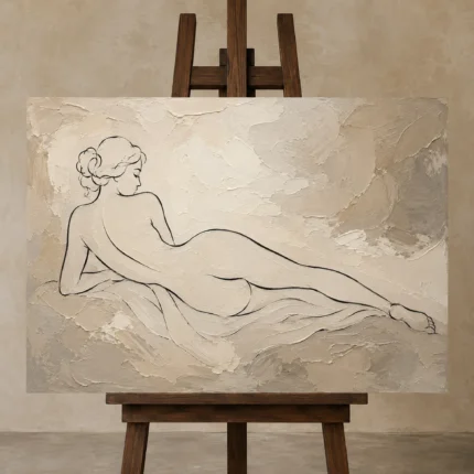 Reclining Draped Figure Classical Nude Wall Art Canvas Print displayed on a studio easel