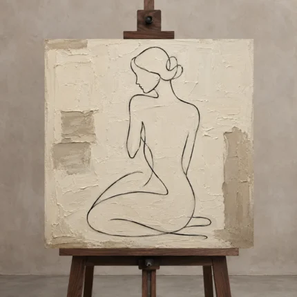 Seated Contour Figure Classical Nude Wall Art Canvas Print displayed on a studio easel