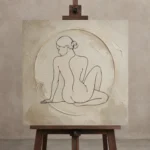 Circular Seated Line Figure Classical Nude Wall Art Canvas Print displayed on a studio easel