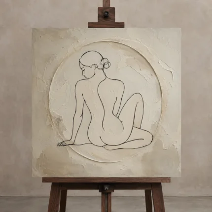 Circular Seated Line Figure Classical Nude Wall Art Canvas Print shown in Studio Easel