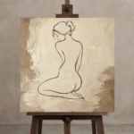 Kneeling Back Figure Classical Nude Wall Art Canvas Print displayed on a studio easel