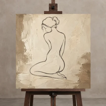 Kneeling Back Figure Classical Nude Wall Art Canvas Print displayed on a studio easel
