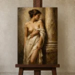 Renaissance Draped Figure Classical Nude Wall Art Canvas Print displayed on a studio easel