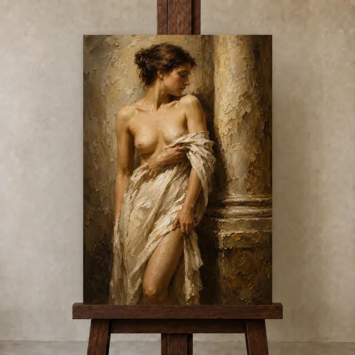 Renaissance Draped Figure Classical Nude Wall Art Canvas Print displayed on a studio easel
