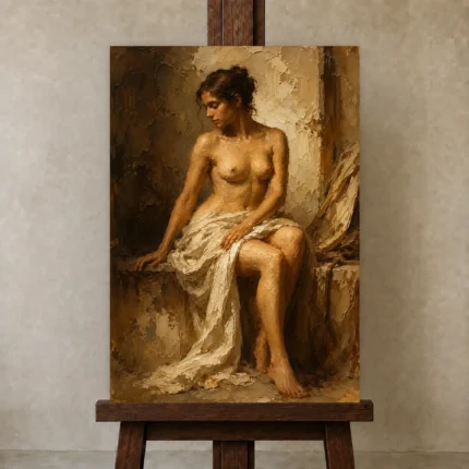 Seated Renaissance Figure Classical Nude Wall Art Canvas Print shown in Studio Easel