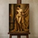 Golden Drapery Standing Figure Classical Nude Wall Art Canvas Print displayed on a studio easel