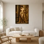 Golden Drapery Standing Figure Classical Nude Wall Art Canvas Print styled in a refined neutral interior