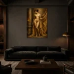 Golden Drapery Standing Figure Classical Nude Wall Art Canvas Print shown in a warm modern interior