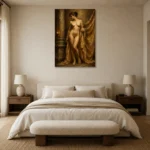 Golden Drapery Standing Figure Classical Nude Wall Art Canvas Print showcased in an elegant minimalist interior
