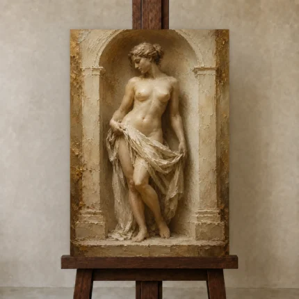 Arched Renaissance Figure Classical Nude Wall Art Canvas Print shown in Studio Easel