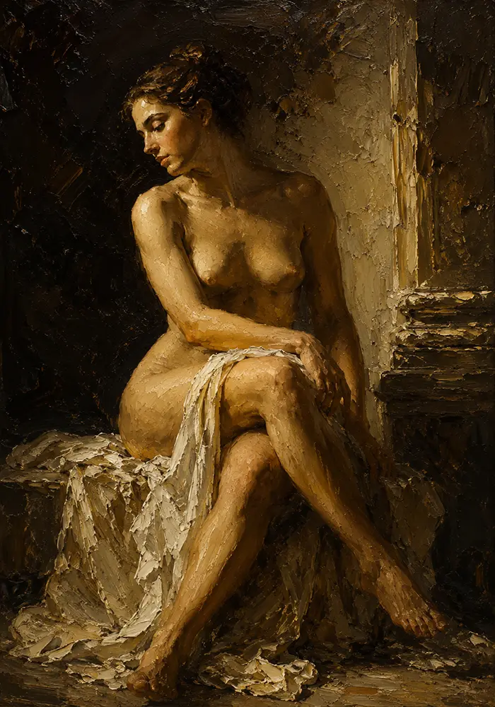 Shadowed Seated Figure Classical Nude Wall Art Canvas Print