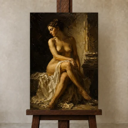Shadowed Seated Figure Classical Nude Wall Art Canvas Print shown in Studio Easel