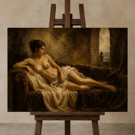 Reclining Renaissance Figure Classical Nude Wall Art Canvas Print displayed on a studio easel