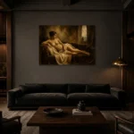 Reclining Renaissance Figure Classical Nude Wall Art Canvas Print shown in a warm modern interior