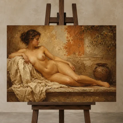 Terracotta Courtyard Figure Classical Nude Wall Art Canvas Print displayed on a studio easel