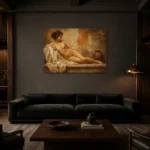 Terracotta Courtyard Figure Classical Nude Wall Art Canvas Print shown in a warm modern interior