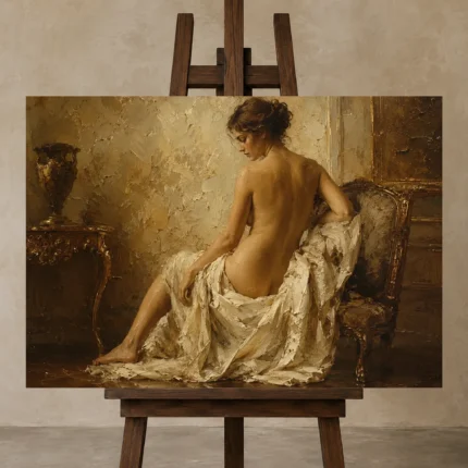 Gilded Chair Back Figure Classical Nude Wall Art Canvas Print shown in Studio Easel