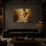 Gilded Chair Back Figure Classical Nude Wall Art Canvas Print shown in a warm modern interior