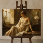 Window Lit Renaissance Muse Classical Nude Wall Art Canvas Print displayed on a studio easel