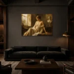 Window Lit Renaissance Muse Classical Nude Wall Art Canvas Print shown in a warm modern interior