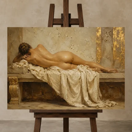 Reclining Back Figure Classical Nude Wall Art Canvas Print displayed on a studio easel
