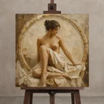 Circular Arch Seated Figure Classical Nude Wall Art Canvas Print displayed on a studio easel