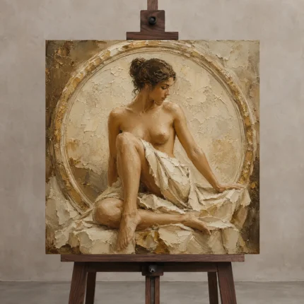 Circular Arch Seated Figure Classical Nude Wall Art Canvas Print shown in Studio Easel
