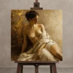 Golden Plaster Muse Classical Nude Wall Art Canvas Print displayed on a studio easel