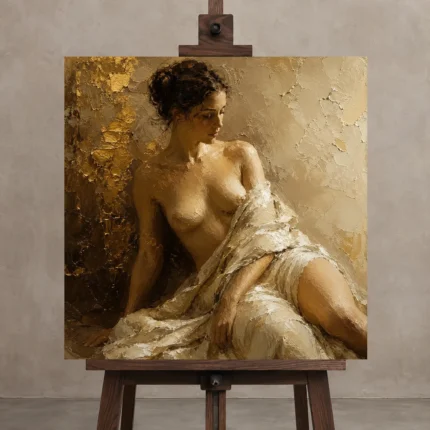 Golden Plaster Muse Classical Nude Wall Art Canvas Print shown in Studio Easel